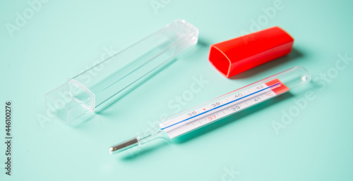 Medical thermometer. Glass thermometer for measuring the temperature of the human body like symptom of Covid.
