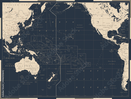 Pacific Ocean Political Map Old Vintage Color