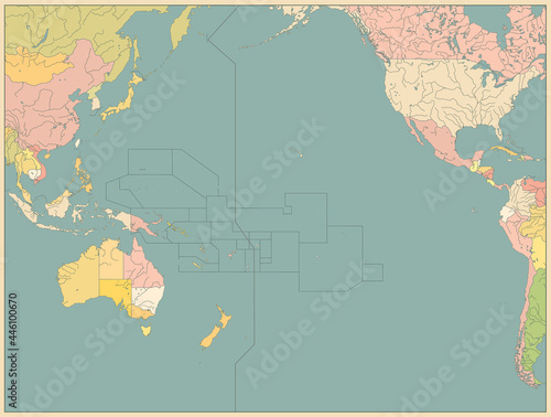 Pacific Ocean Political Map Vinatge Color. No text
