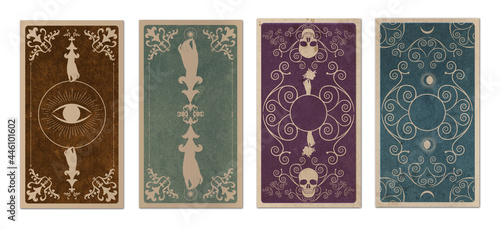 Back of Tarot card or playing card with floral ornamental elements and esoteric symbols on old paper. Victorian vintage style. Isolated on white background