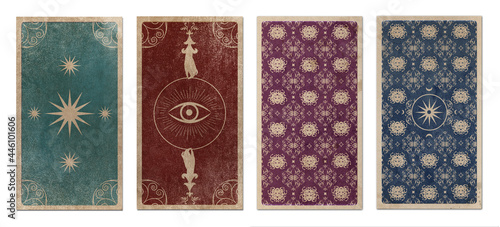 Back of Tarot card or playing card with floral ornamental elements and esoteric symbols on old paper. Victorian vintage style. Isolated on white background