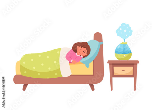 Little girl sleeping with air humidifier in room. Healthy sleep. Vector illustration