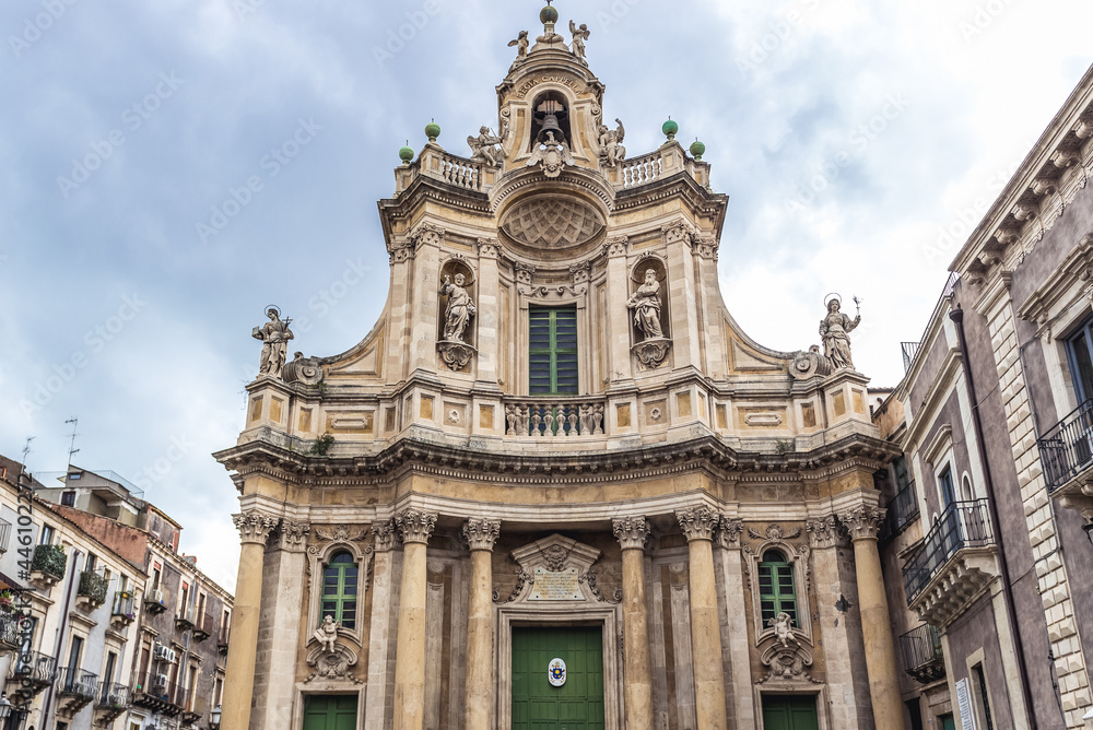 Exterior of Basilica della Collegiata church in old part of Catania city, Sicily Island, Greece
