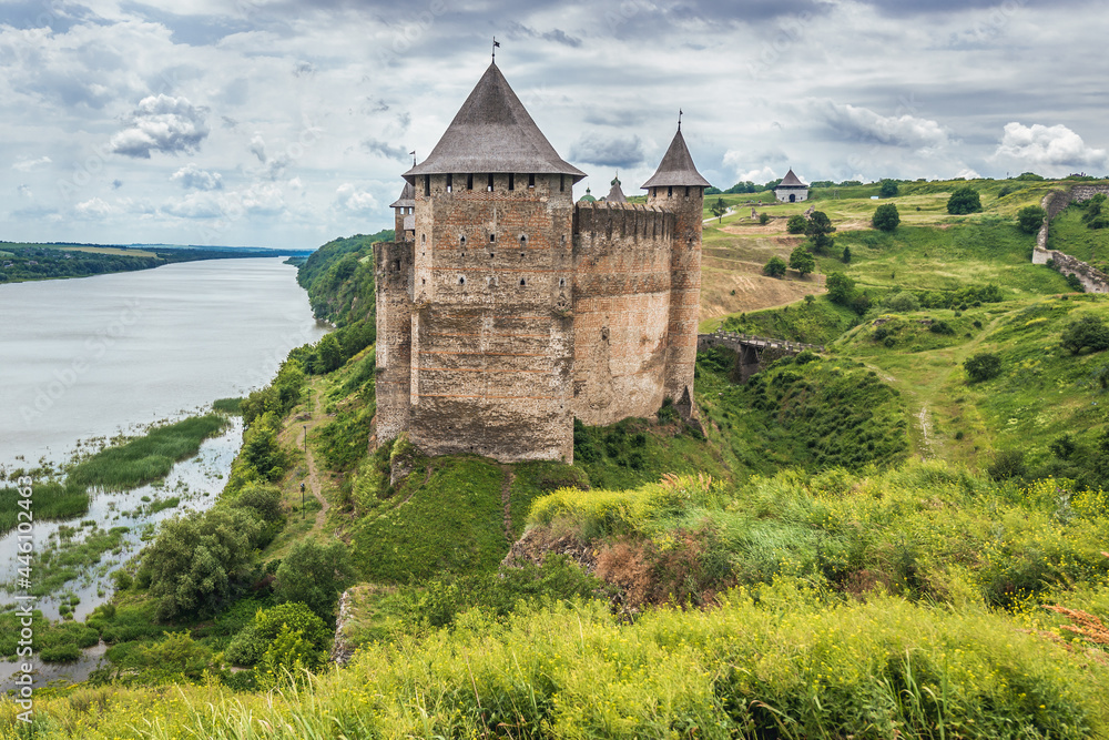 Tower and walls of Khotyn Fortress, fortification complex on Dniester bank in Khotyn town, Ukraine