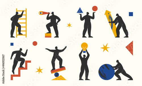 Abstract characters set. Collection of people with different geometric shapes and objects in various poses. Human creatures for business. Trendy minimal isolated vector illustration