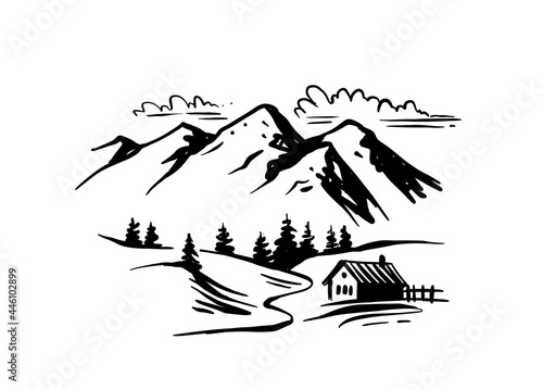 Landscape with large mountains vector. Nature sketch with house. Hand drawn ink illustration