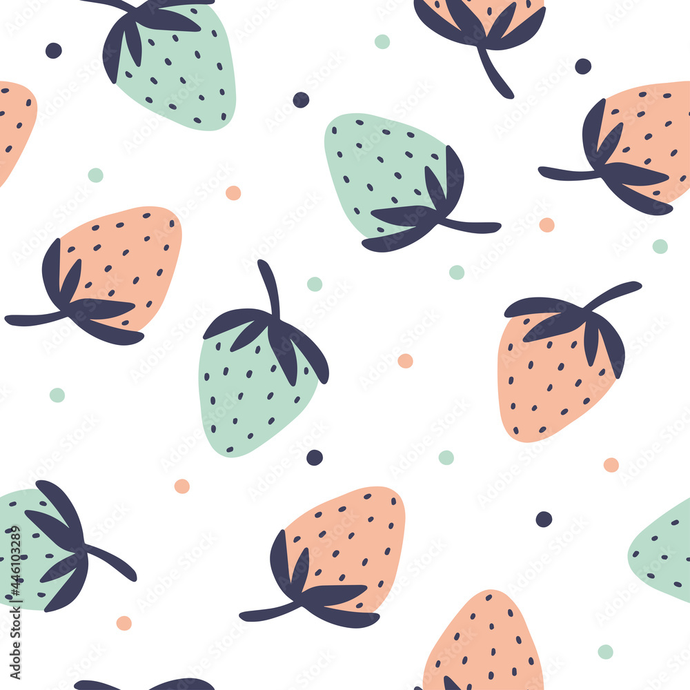 Modern seamless pattern with original strawberries in trendy Scandinavian style. Vector illustration. Perfect for summer invitation, birthday card, baby and nursery poster, fabric print. Modern seamless pattern with original strawberries in trendy Scandinavian style. Vector illustration. Perfect for summer invitation, birthday card, baby and nursery poster, fabric print.