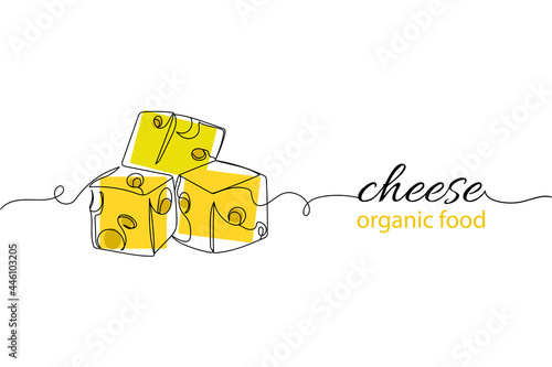 Continuous one line of cheese cube slice organic food in silhouette on a white background. Linear stylized.Minimalist.