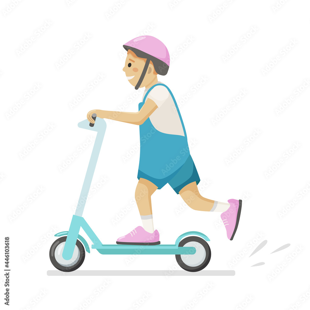 Smiling boy on kick scooter. Vector illustration on white background of a boy riding a scooter in a helmet. Smiling boy on kick scooter. Vector illustration on white background of a boy riding a scooter in a helmet.