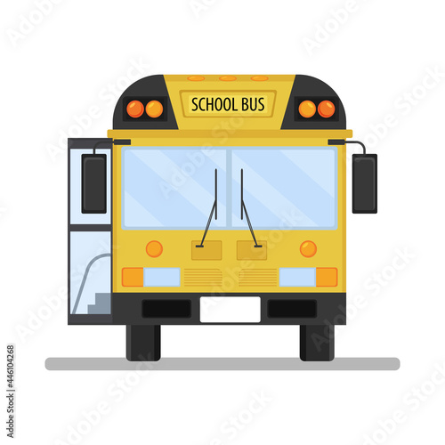 Illustration of a school bus front view with an open door.