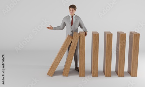 The man in the suit stopped the dominoes from continuously falling.3d rendering