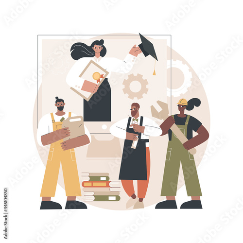 Vocational education abstract concept vector illustration. Professional learning, online vocational technical education, work on automatic lathe, repair machines, student group abstract metaphor.