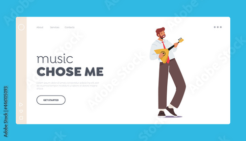 Musician Play Balalaika Landing Page Template. Male Character with String Instrument Perform on Stage Music Concert