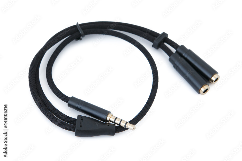 Audio cable jack 3.5mm, 2 In 1 splitter 4 pole 3.5mm audio earphone headset to 2 female jack headphone mic and audio cable 3 pole for PC notebook laptop on white background. Audio cable jack 3.5mm, 2 In 1 splitter 4 pole 3.5mm audio earphone headset to 2 female jack headphone mic and audio cable 3 pole for PC notebook laptop on white background.