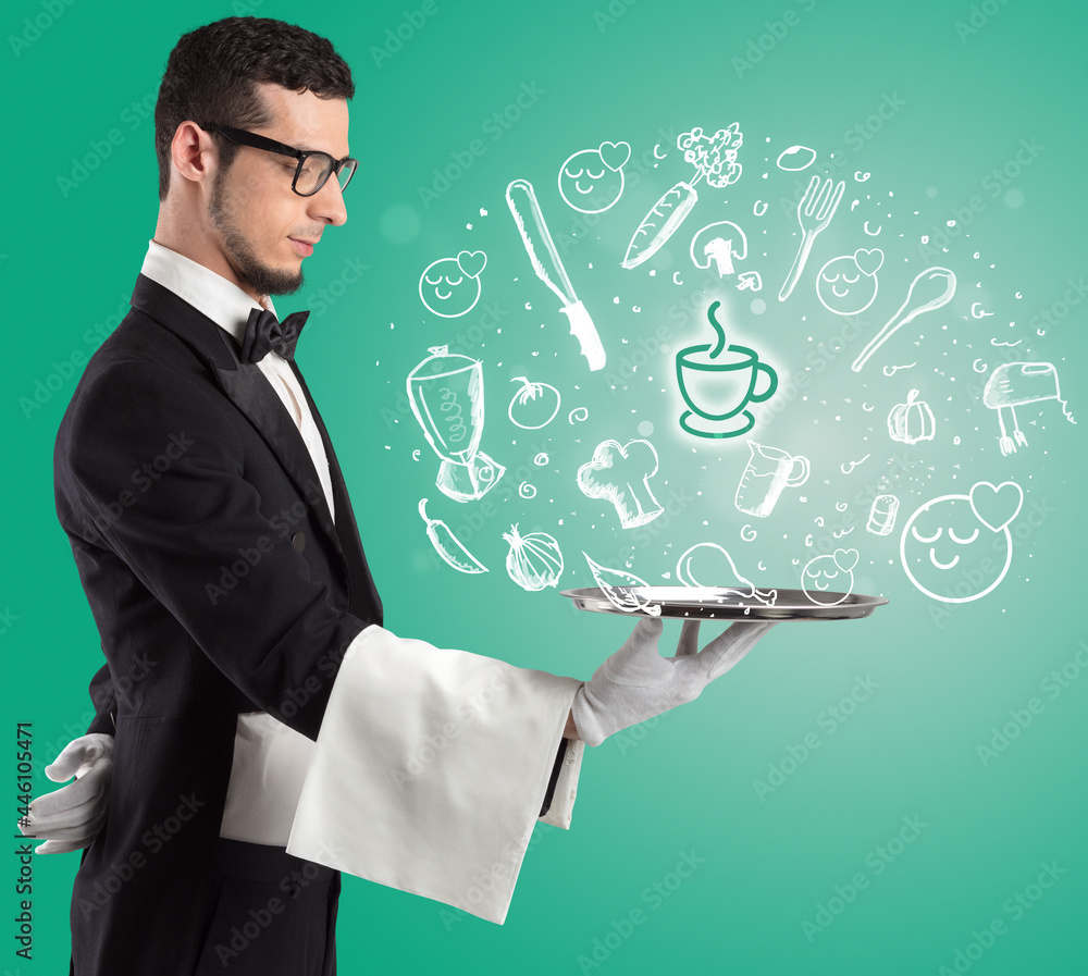 Waiter holding silver tray with food icons above Waiter holding silver tray with food icons above