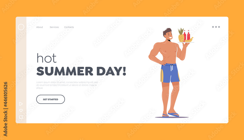Hot Summer Day Landing Page Template. Male Character Wear Slippers and Swimming Shorts Holding Tray with Bottles
