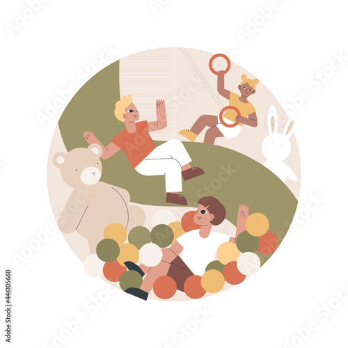 Playroom for kids abstract concept vector illustration. Playing space for kids, indoor playgrounds, all in one children activity, toys and furniture, neutral home playroom decor abstract metaphor. photo