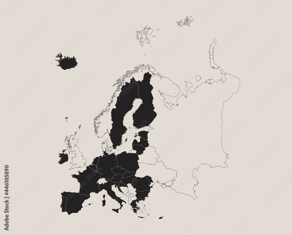 Black map of European Union, separates states, design blackboard blank