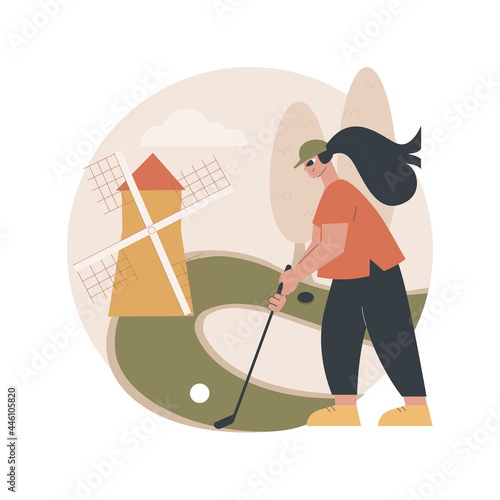 Golf abstract concept vector illustration. Mini golf world championship, outdoor recreation, country club tournament, rent equipment, personal training service, active lifestyle abstract metaphor.