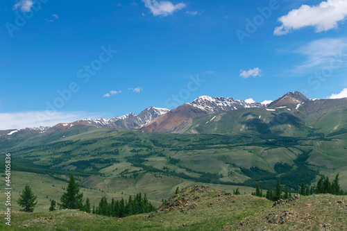 Landscape with Altai mountains and blue sky.