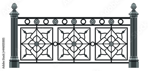 Classic Iron Railings With Metal Pillars. Urban Design. Decor. Luxury Modern Architecture. Palace. City. Street. Park. Wrought Iron Fence. Handrails. Blacksmithing. Template. Isolated. White. Vector.