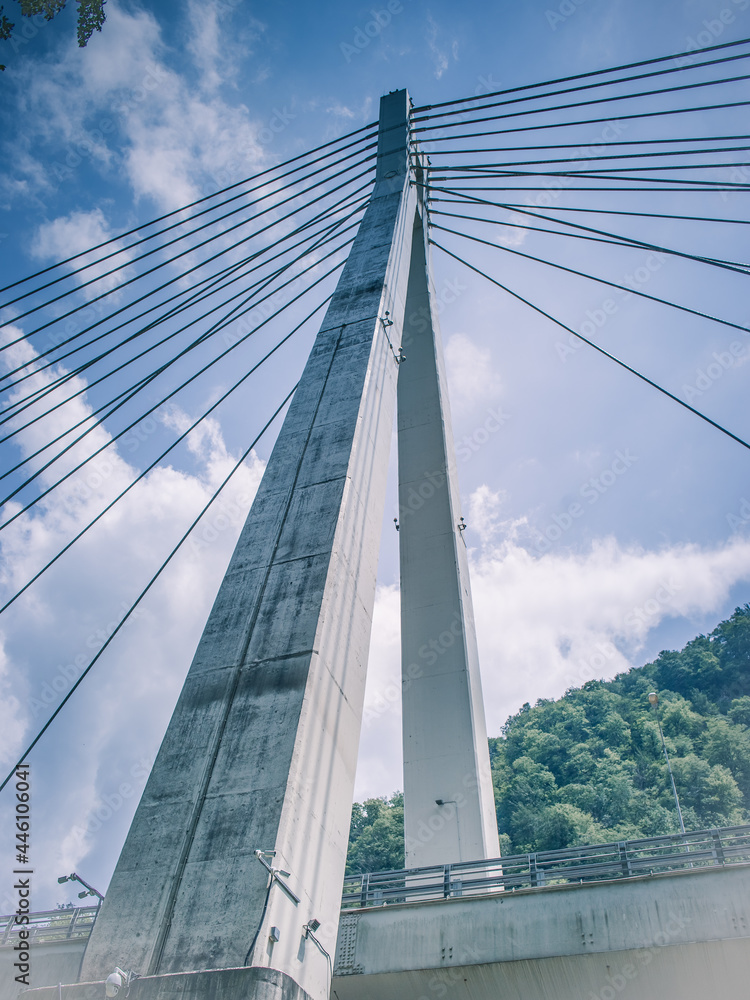 Fototapeta premium Cable-stayed bridge in Sochi, Russia on the road to Krasnaya Polyana