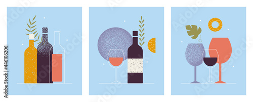 Slika na platnu Collection of abstract modern posters of wine bottles, glasses