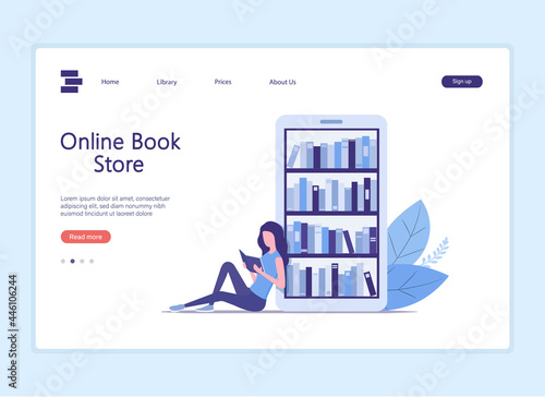 Online book store landing page. Colored flat vector illustration. Isolated on white background.