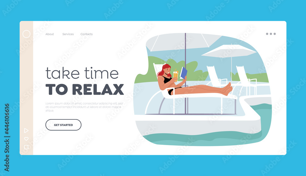 Girl Tourist Character Relax on Resort Landing Page Template. Young Woman Lounging, Drinking Cocktail and Reading Book