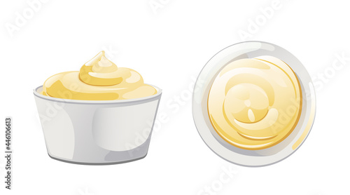 Mayonnaise sauce in bowl in cartoon style. White swirl condiment mousse in porcelain cup. Vector illustration.