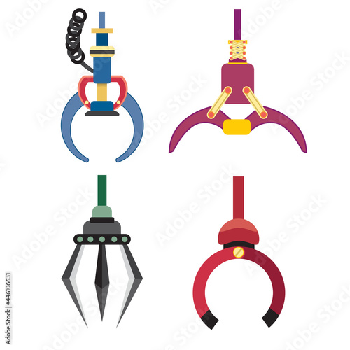 Robotic Claw set on a white background. Grip robotic claw in factory. Cartoon concept colorful Vector illustration of the claw game device.