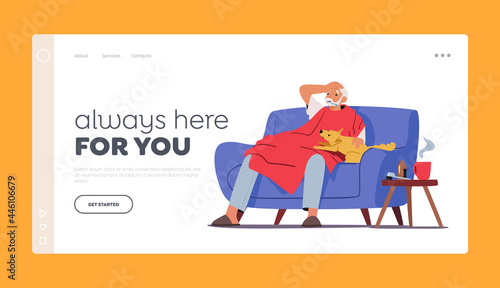 Old Man Measure Temperature Landing Page Template. Elderly Man with Thermometer in Mouth Sitting on Sofa Suffer of Fever