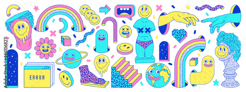 Sticker pack of funny cartoon characters, greek ancient statues, emoji and surreal elements in psychedelic weird style.