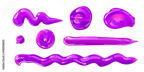 Purple slime stains, splashes or blobs set. Pink jelly in cartoon flat style. Vector design elements.