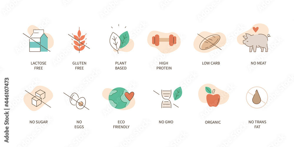 Food badges icons collection. Gluten, lactose and sugar free labels. Vegan food and eco friendly signs. Healthy dietary logos templates. Flat cartoon vector illustration.
