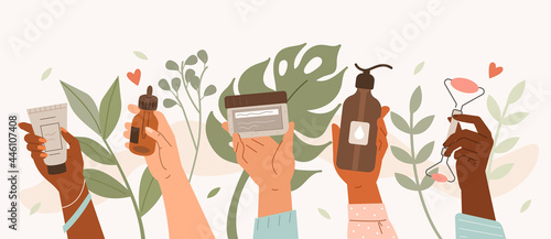 Beauty hands holding different cosmetic product. Diverse girls showing moisture cream, serum, cleanser and massage stone. Daily skin care routine and hygiene concept. Flat line vector illustration.