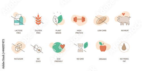 Food badges icons collection. Gluten, lactose and sugar free labels. Vegan food and eco friendly signs. Healthy dietary logos templates. Flat cartoon vector illustration.
