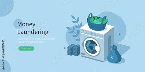 Wash machine with criminal cash money  and clotheslines with drying banknotes. Financial crime prevention and money laundering concept. Flat isometric vector illustration.