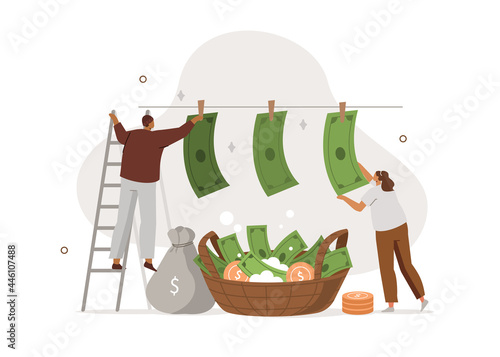 
Criminal characters washing and drying on clotheslines illegal cash money. Financial crime prevention and money laundering concept. Flat cartoon vector illustration.