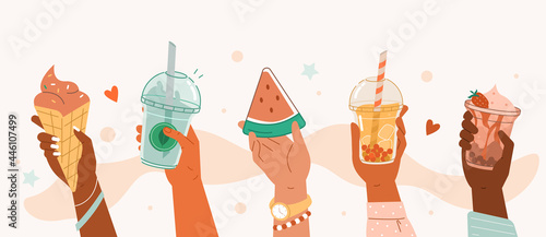 
Hand holding different summer sweets and drinks. Bubble tea and smoothie soft drinks, watermelon, ice cream.  Yummy summer food and beverage collection. Flat cartoon vector illustration.
