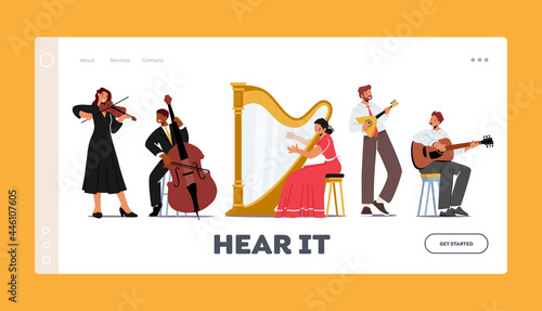 Orchestra Playing Classical Music Concert Landing Page Template. Musicians with String Instruments Performing on Stage