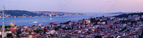 Istanbul. Night, panoramic view of the city, the Bosphorus, Ortakoy Mosque, the Asian side and the Maiden Tower