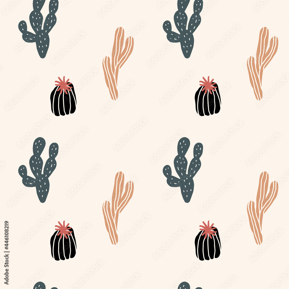 Fototapeta premium Pastel simple doodle cacti seamless pattern, cactus minimalist art print wallpaper background.