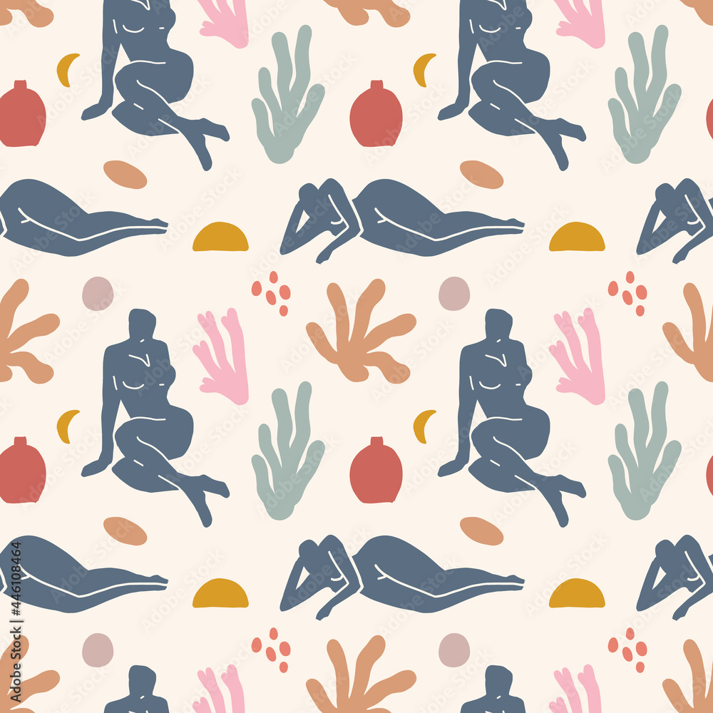 Obraz premium Abstract figures seamless pattern, tropical summer abstract shapes, people and plants.
