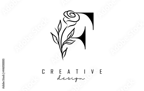 F letter logo design with black rose vector illustration.