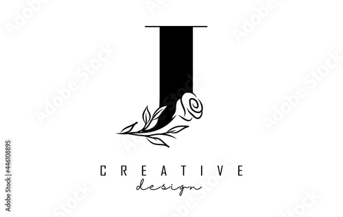 J letter logo design with black rose vector illustration.