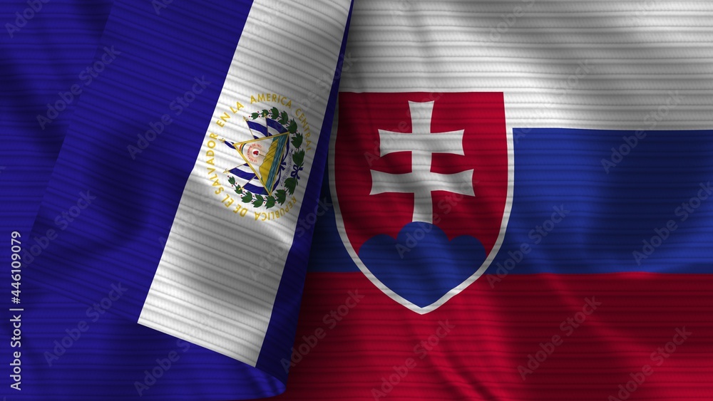 Slovakia and El Salvador Realistic Flag – Fabric Texture 3D Illustration - obrazy, fototapety, plakaty 