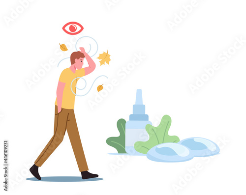DES Medical and Pharmaceutical Concept. Male Character Walk Outdoor Suffering of Dry Eyes Syndrome and Conjunctivitis