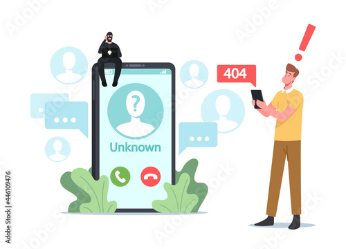 Cheater Prank, Scam Activity Concept. Tiny Fraud Character Sit on Huge Smartphone Call from Unknown Number to Subscriber