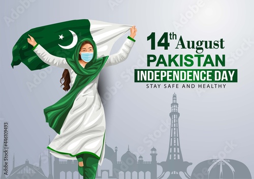 happy independence day 15th August, girl running with Pakistani flag. vector illustration. greeting card design. covid -19, corona virus concept